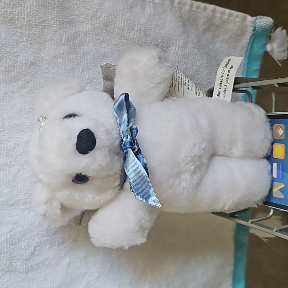 Stuffed angel bear white w blue bow